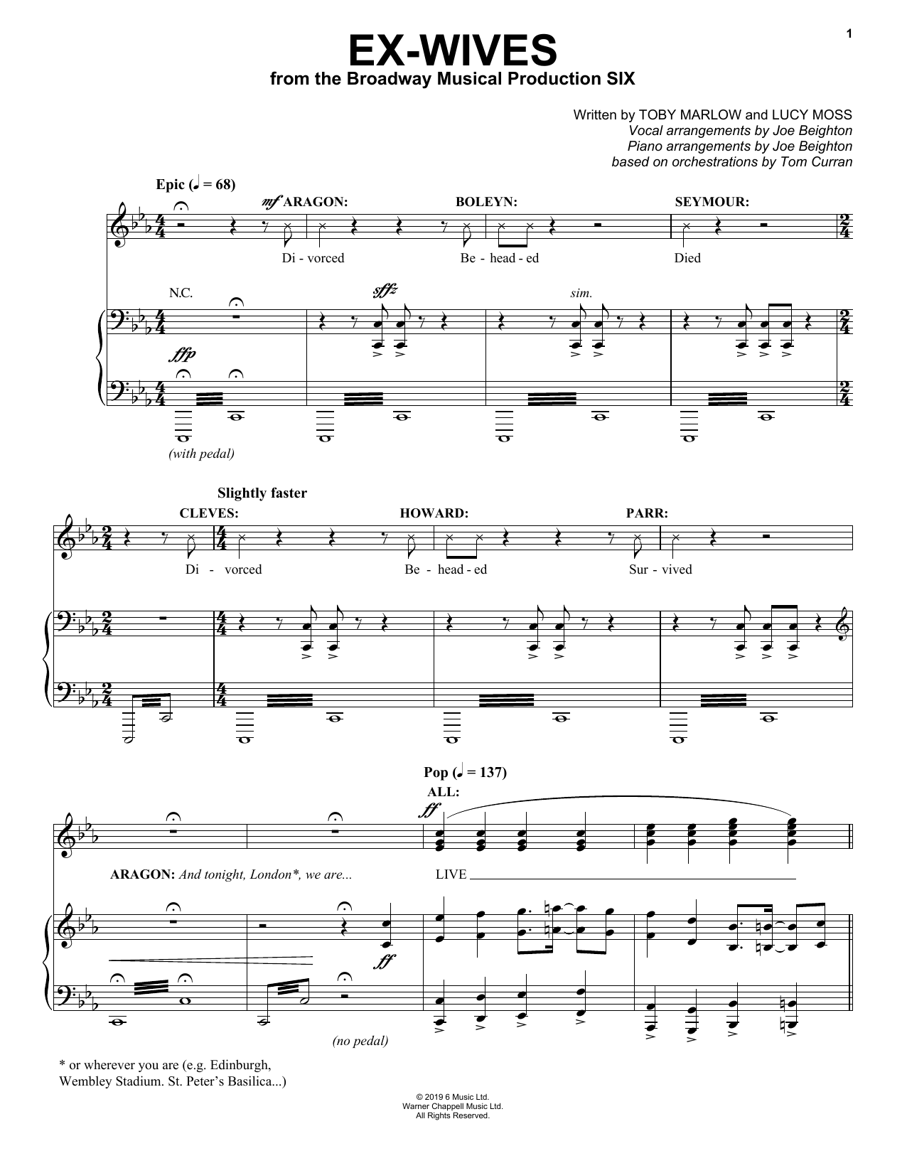 Toby Marlow & Lucy Moss Ex-Wives (from Six: The Musical) Sheet Music Notes & Chords for Easy Piano - Download or Print PDF