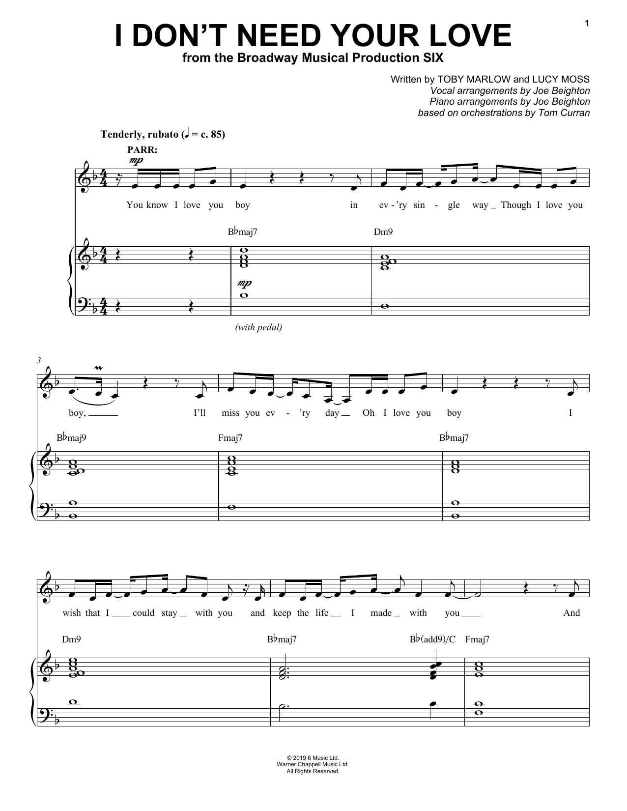 Toby Marlow & Lucy Moss I Don't Need Your Love (from Six: The Musical) Sheet Music Notes & Chords for Easy Piano - Download or Print PDF