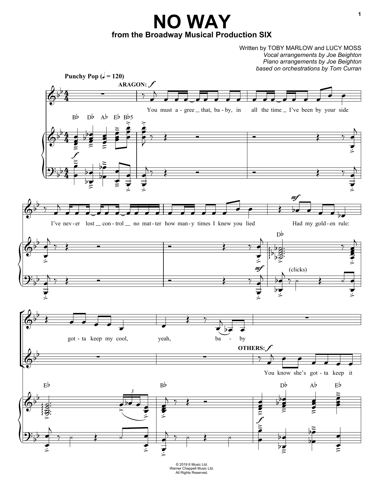 Toby Marlow & Lucy Moss No Way (from Six: The Musical) Sheet Music Notes & Chords for Easy Piano - Download or Print PDF