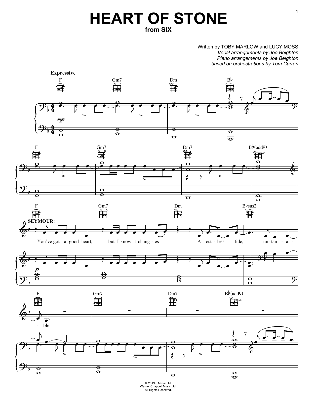 Toby Marlow Heart Of Stone (from Six) Sheet Music Notes & Chords for Piano, Vocal & Guitar Chords (Right-Hand Melody) - Download or Print PDF