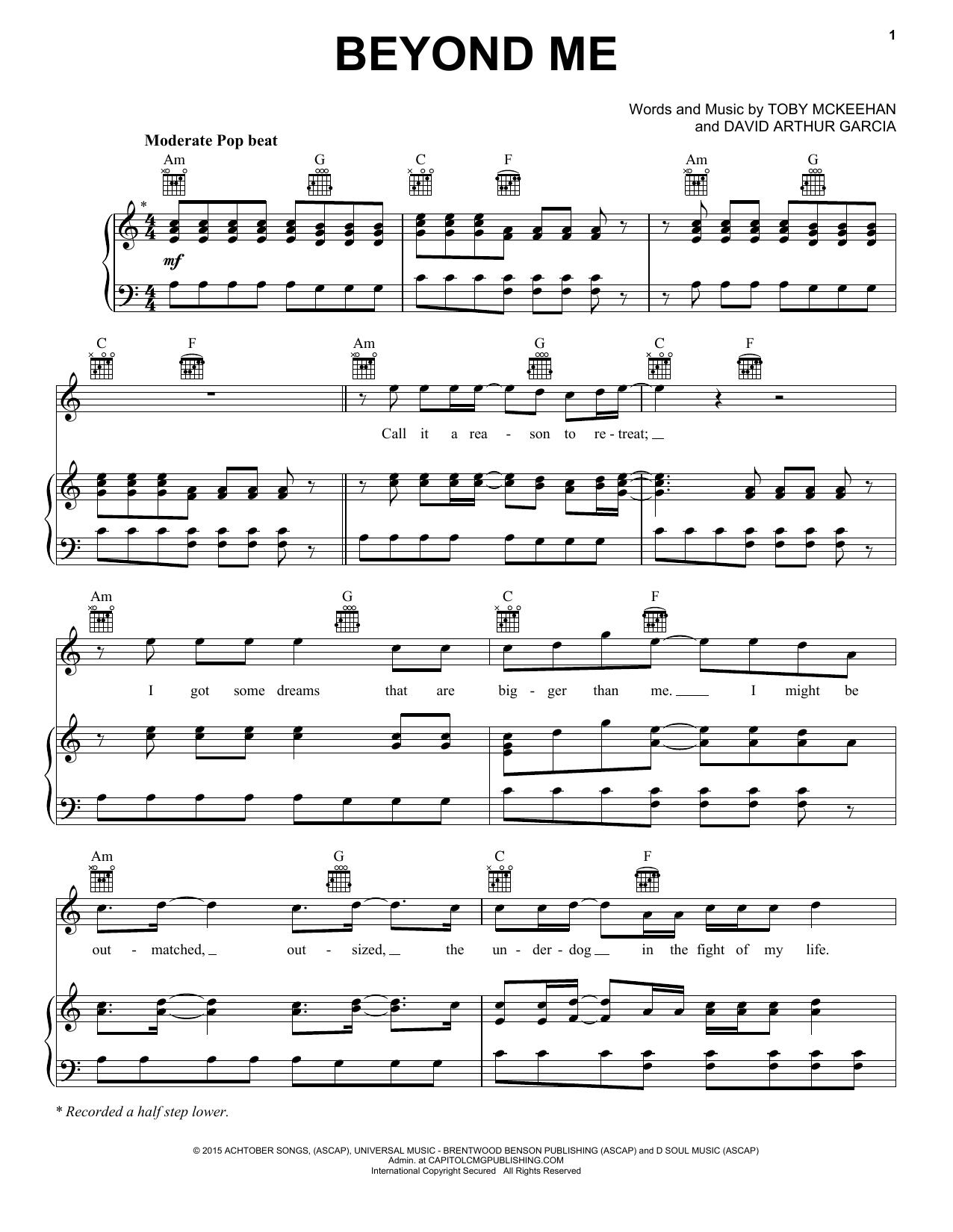 tobyMac Beyond Me Sheet Music Notes & Chords for Piano, Vocal & Guitar (Right-Hand Melody) - Download or Print PDF