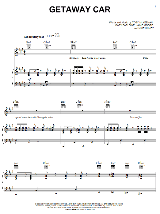 tobyMac Getaway Car Sheet Music Notes & Chords for Piano, Vocal & Guitar (Right-Hand Melody) - Download or Print PDF