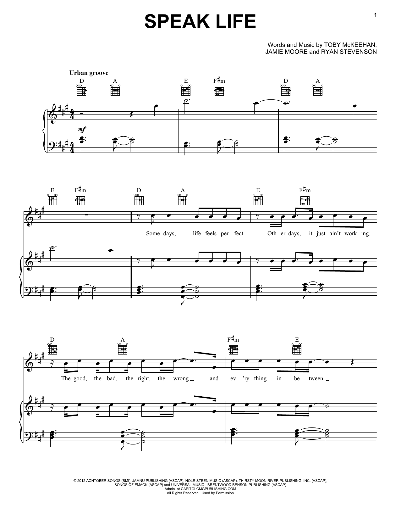 Toby McKeehan Speak Life Sheet Music Notes & Chords for Piano, Vocal & Guitar (Right-Hand Melody) - Download or Print PDF
