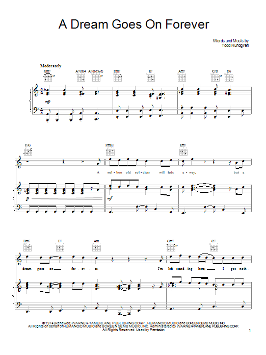 Todd Rundgren A Dream Goes On Forever Sheet Music Notes & Chords for Piano, Vocal & Guitar (Right-Hand Melody) - Download or Print PDF