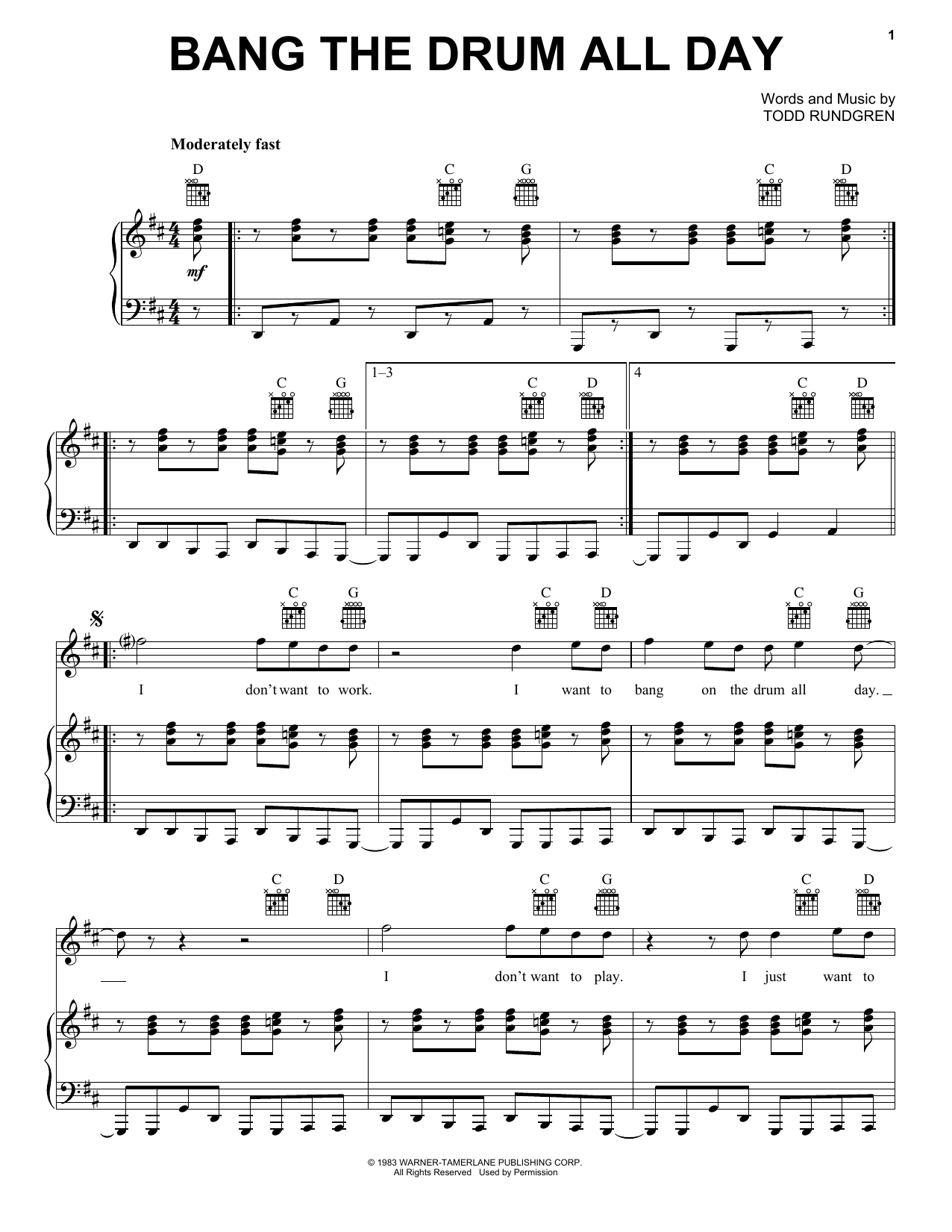 Todd Rundgren Bang The Drum All Day Sheet Music Notes & Chords for Easy Piano - Download or Print PDF