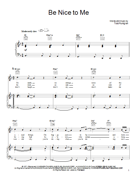 Todd Rundgren Be Nice To Me Sheet Music Notes & Chords for Piano, Vocal & Guitar (Right-Hand Melody) - Download or Print PDF