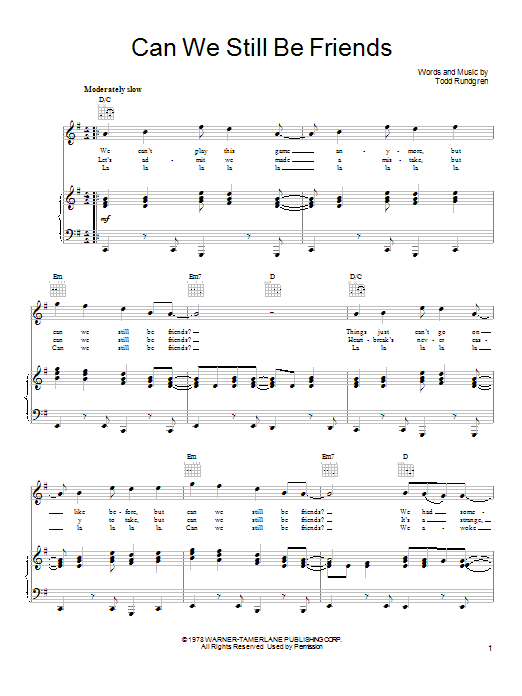 Todd Rundgren Can We Still Be Friends Sheet Music Notes & Chords for Piano, Vocal & Guitar (Right-Hand Melody) - Download or Print PDF