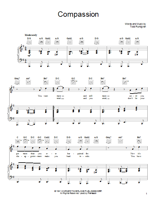 Todd Rundgren Compassion Sheet Music Notes & Chords for Piano, Vocal & Guitar (Right-Hand Melody) - Download or Print PDF