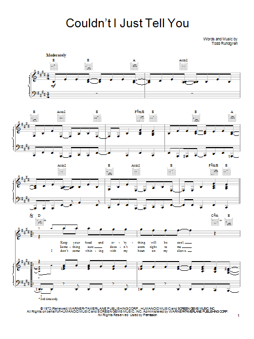 Todd Rundgren Couldn't I Just Tell You Sheet Music Notes & Chords for Piano, Vocal & Guitar (Right-Hand Melody) - Download or Print PDF