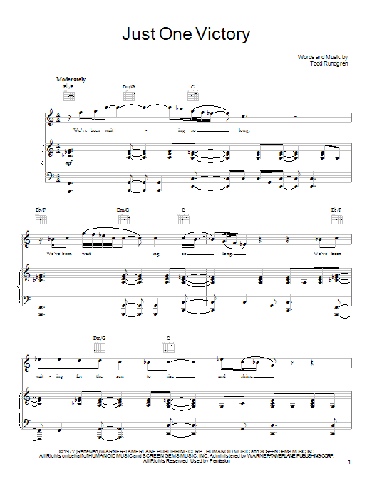 Todd Rundgren Just One Victory Sheet Music Notes & Chords for Piano, Vocal & Guitar (Right-Hand Melody) - Download or Print PDF