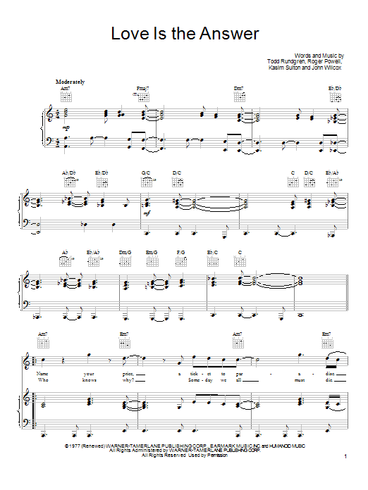 Todd Rundgren Love Is The Answer Sheet Music Notes & Chords for Piano, Vocal & Guitar (Right-Hand Melody) - Download or Print PDF