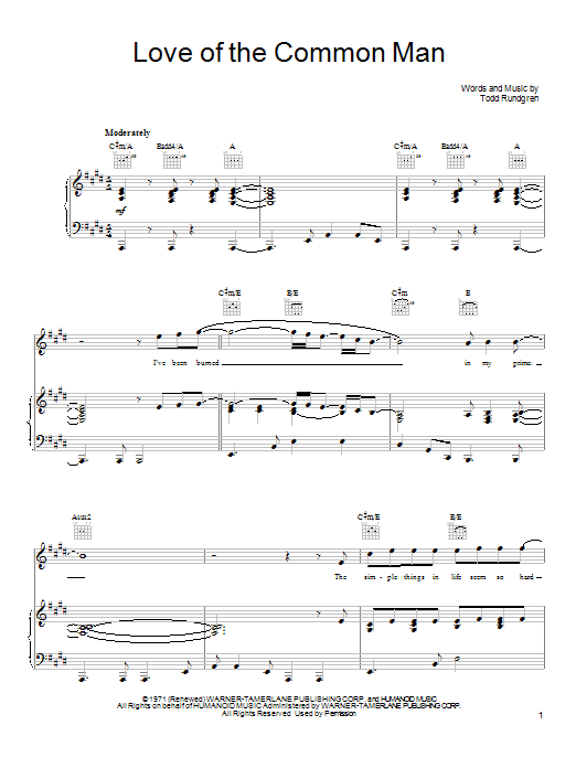 Todd Rundgren Love Of The Common Man Sheet Music Notes & Chords for Piano, Vocal & Guitar (Right-Hand Melody) - Download or Print PDF