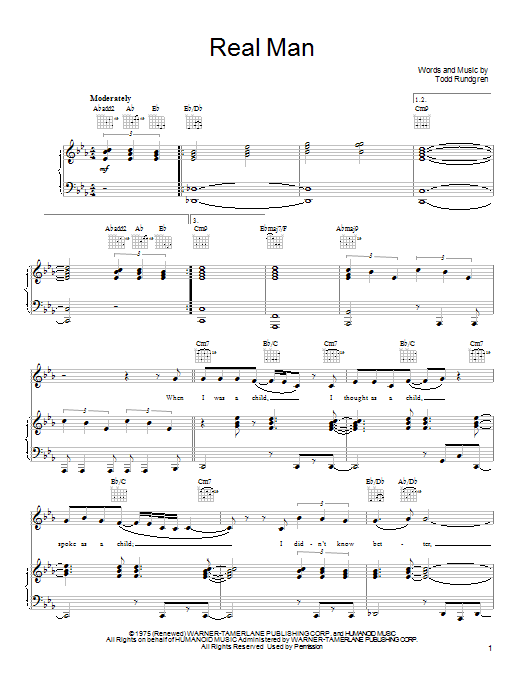 Todd Rundgren Real Man Sheet Music Notes & Chords for Piano, Vocal & Guitar (Right-Hand Melody) - Download or Print PDF
