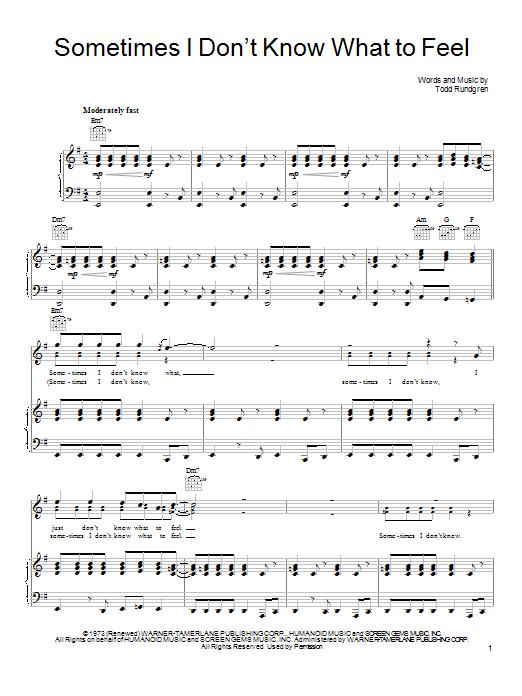 Todd Rundgren Sometimes I Don't Know What To Feel Sheet Music Notes & Chords for Piano, Vocal & Guitar (Right-Hand Melody) - Download or Print PDF