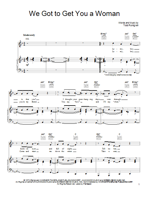 Todd Rundgren We Got To Get You A Woman Sheet Music Notes & Chords for Piano, Vocal & Guitar (Right-Hand Melody) - Download or Print PDF