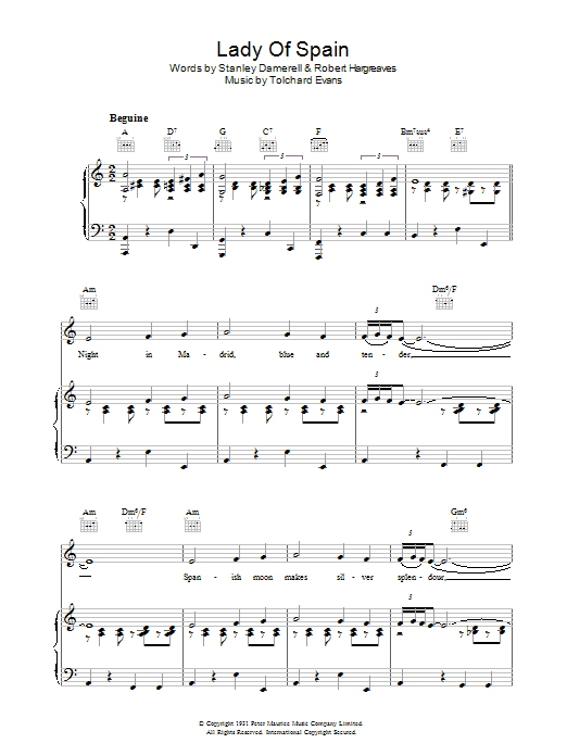 Tolchard Evans Lady Of Spain Sheet Music Notes & Chords for Piano, Vocal & Guitar (Right-Hand Melody) - Download or Print PDF