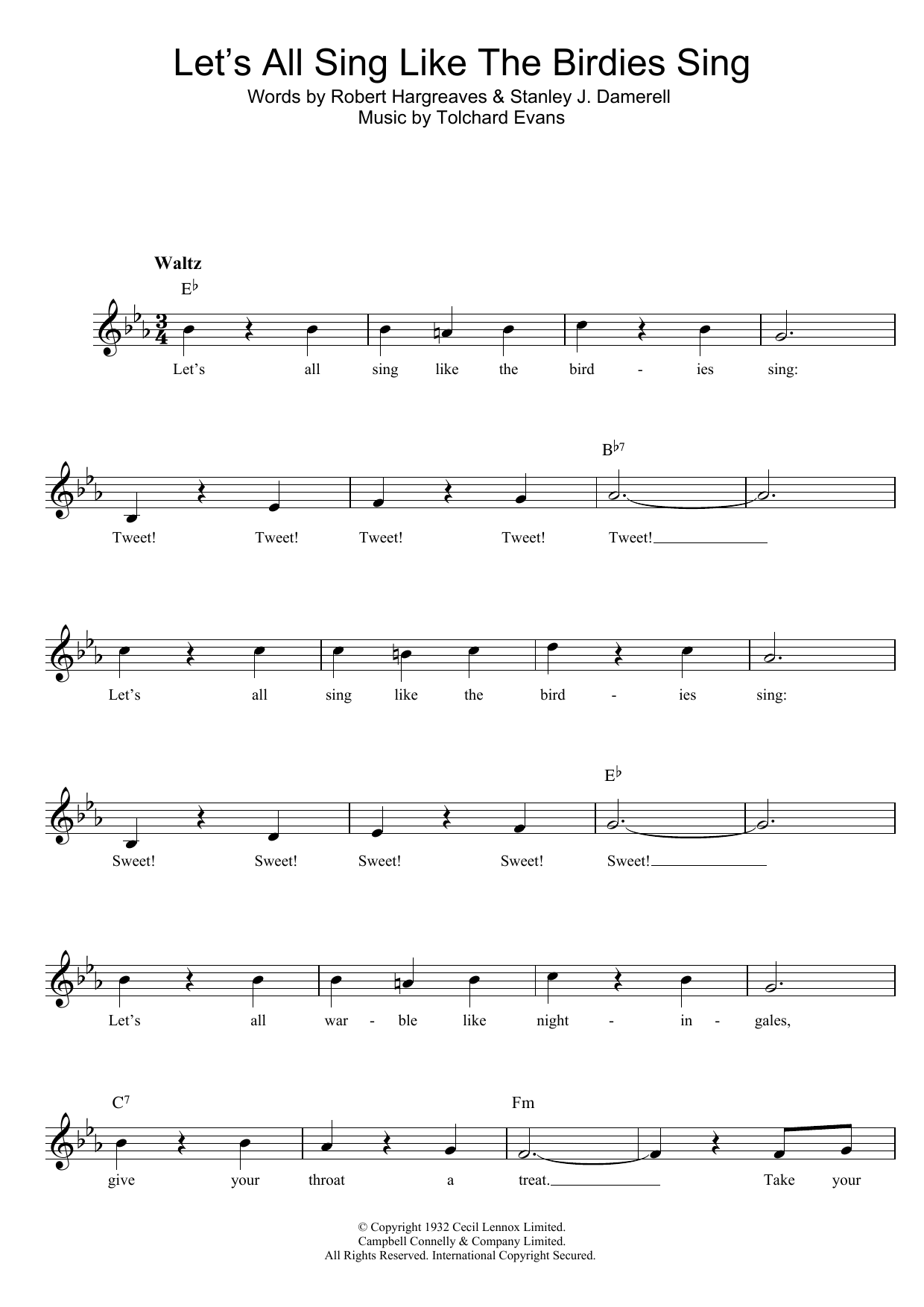 Tolchard Evans Let's All Sing Like The Birdies Sing Sheet Music Notes & Chords for Melody Line, Lyrics & Chords - Download or Print PDF