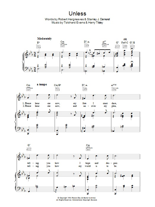 Tolchard Evans Unless Sheet Music Notes & Chords for Piano, Vocal & Guitar (Right-Hand Melody) - Download or Print PDF