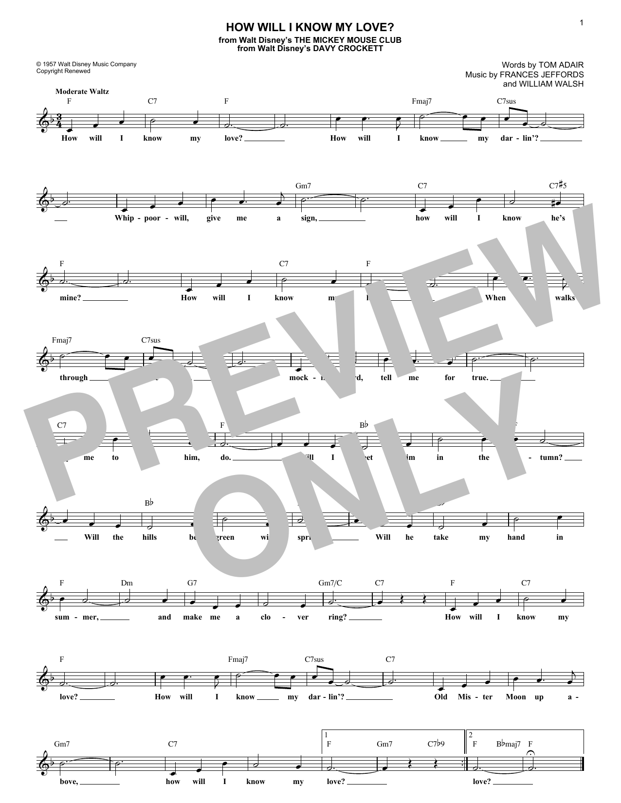 Tom Adair How Will I Know My Love? Sheet Music Notes & Chords for Melody Line, Lyrics & Chords - Download or Print PDF