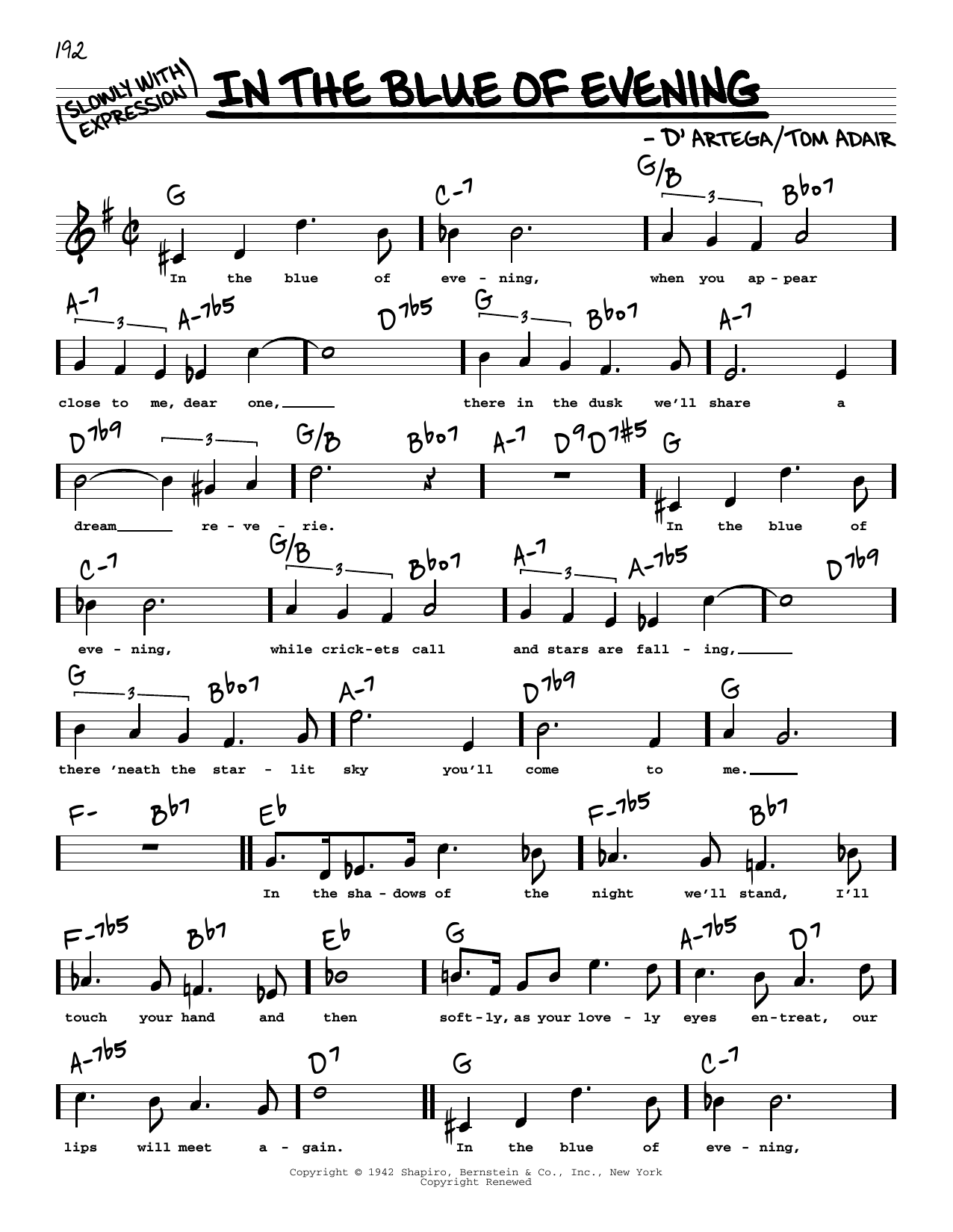 Tom Adair In The Blue Of Evening (High Voice) Sheet Music Notes & Chords for Real Book – Melody, Lyrics & Chords - Download or Print PDF