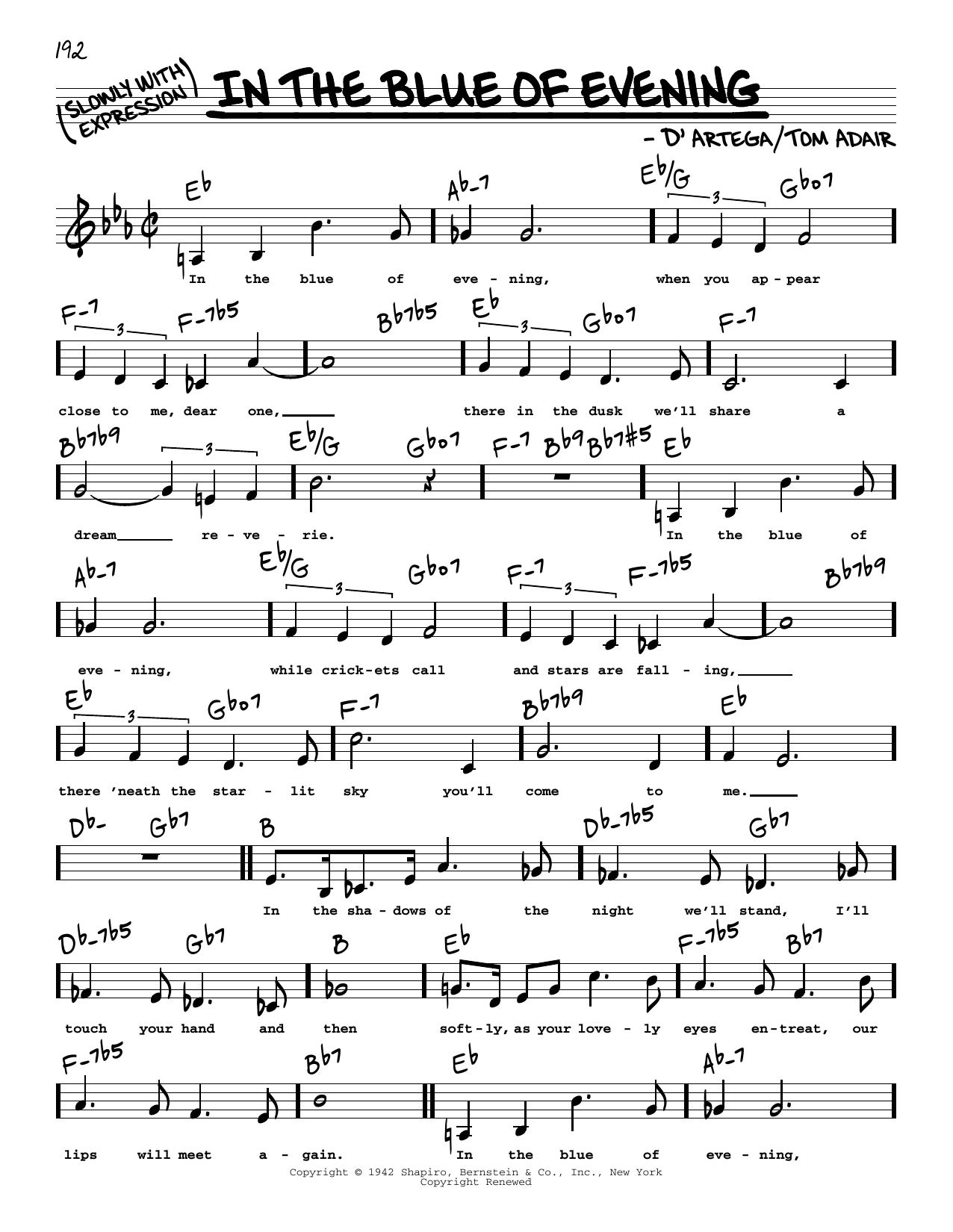 Tom Adair In The Blue Of Evening (Low Voice) Sheet Music Notes & Chords for Real Book – Melody, Lyrics & Chords - Download or Print PDF