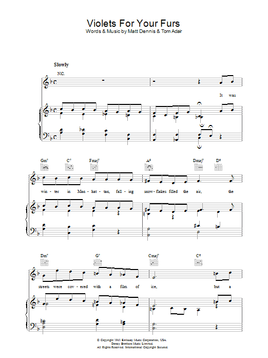 Tom Adair Violets For Your Furs Sheet Music Notes & Chords for Piano, Vocal & Guitar (Right-Hand Melody) - Download or Print PDF