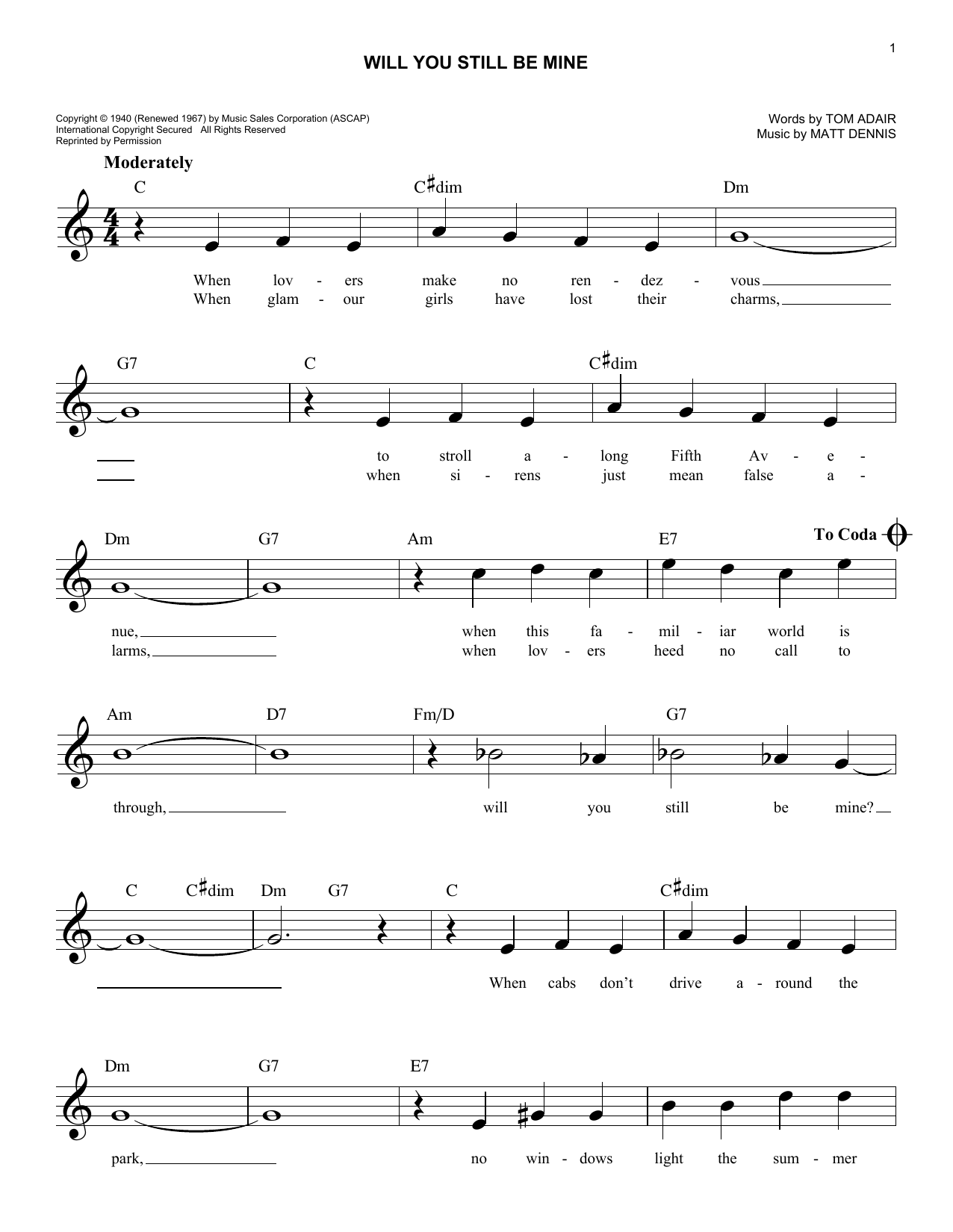 Tom Adair Will You Still Be Mine Sheet Music Notes & Chords for Melody Line, Lyrics & Chords - Download or Print PDF