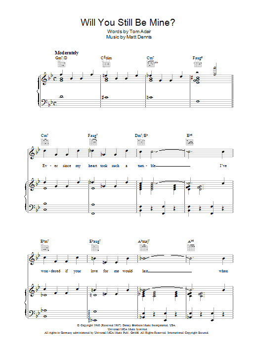 Tom Adair Will You Still Be Mine? Sheet Music Notes & Chords for Piano, Vocal & Guitar (Right-Hand Melody) - Download or Print PDF