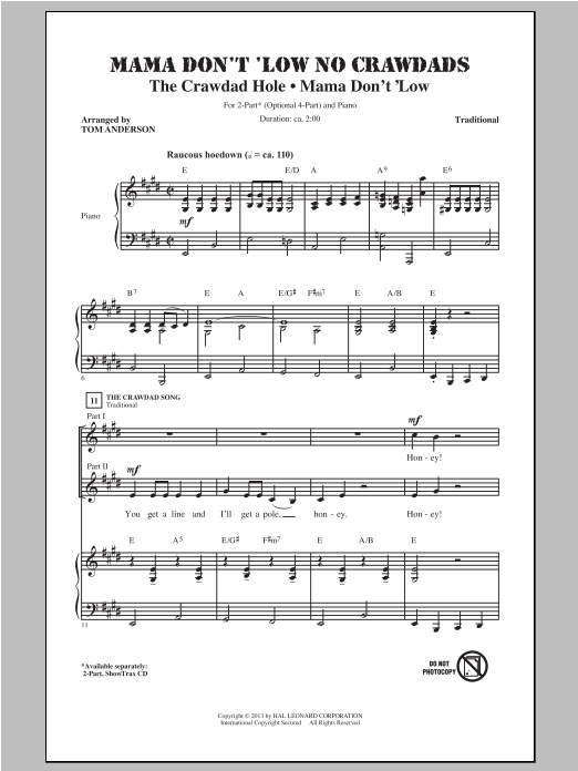 Traditional Mama Don't 'Low No Crawdads (arr. Tom Anderson) Sheet Music Notes & Chords for 2-Part Choir - Download or Print PDF