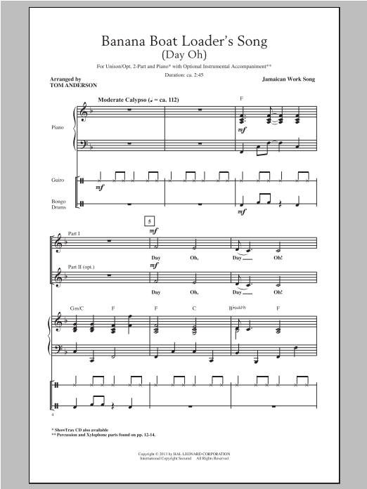 Traditional The Banana Boat Loader's Song (arr. Tom Anderson) Sheet Music Notes & Chords for 2-Part Choir - Download or Print PDF