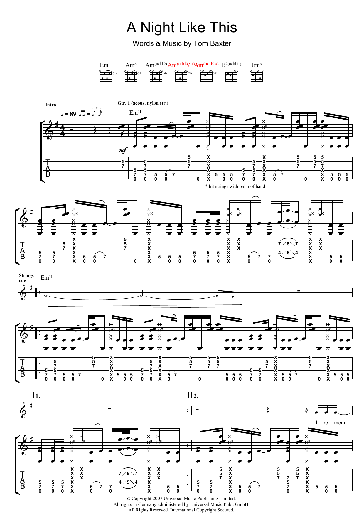 Tom Baxter A Night Like This Sheet Music Notes & Chords for Guitar Tab - Download or Print PDF