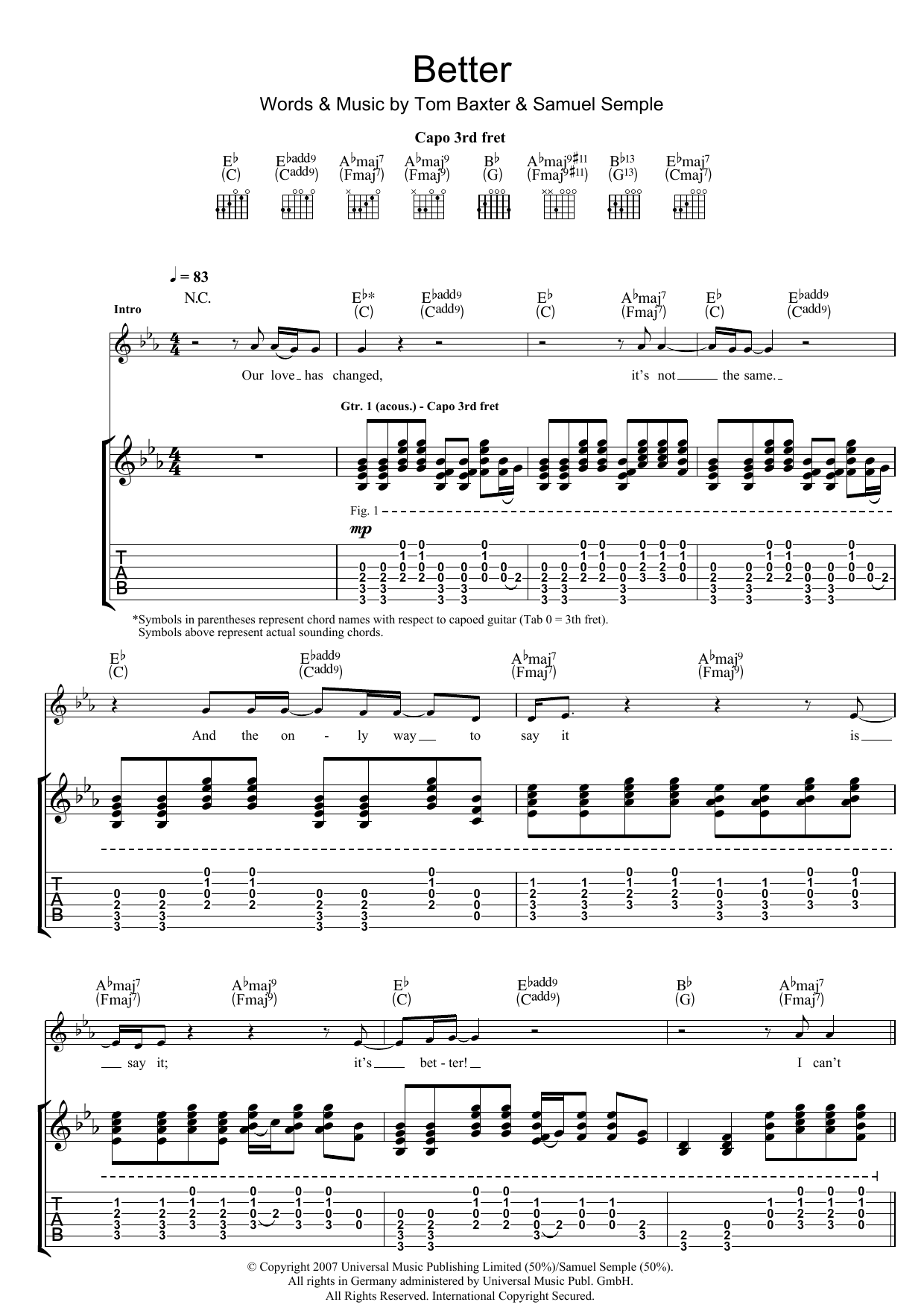Tom Baxter Better Sheet Music Notes & Chords for Guitar Tab - Download or Print PDF