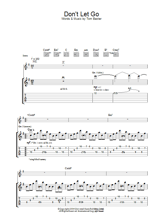 Tom Baxter Don't Let Go Sheet Music Notes & Chords for Guitar Tab - Download or Print PDF