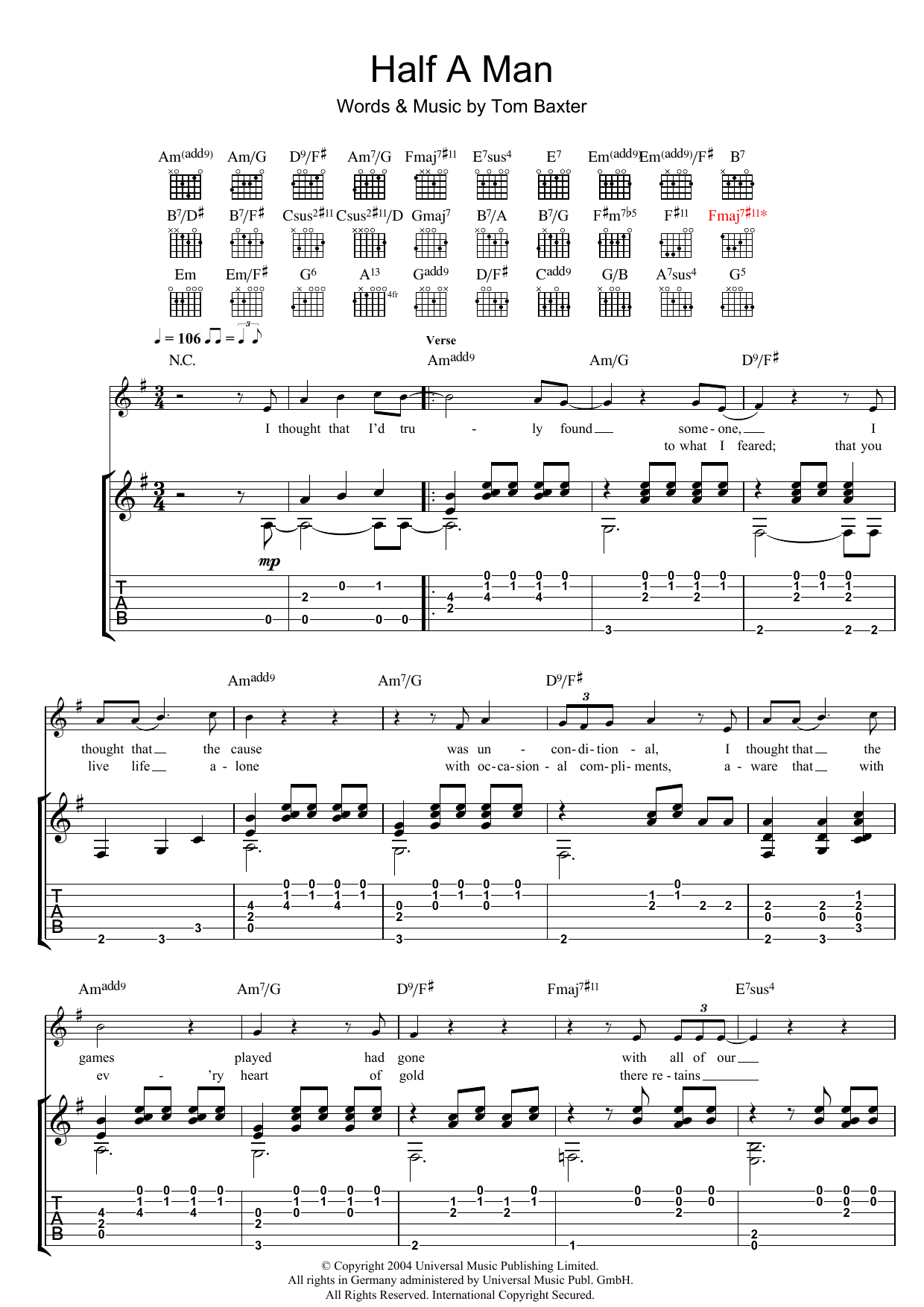 Tom Baxter Half A Man Sheet Music Notes & Chords for Guitar Tab - Download or Print PDF