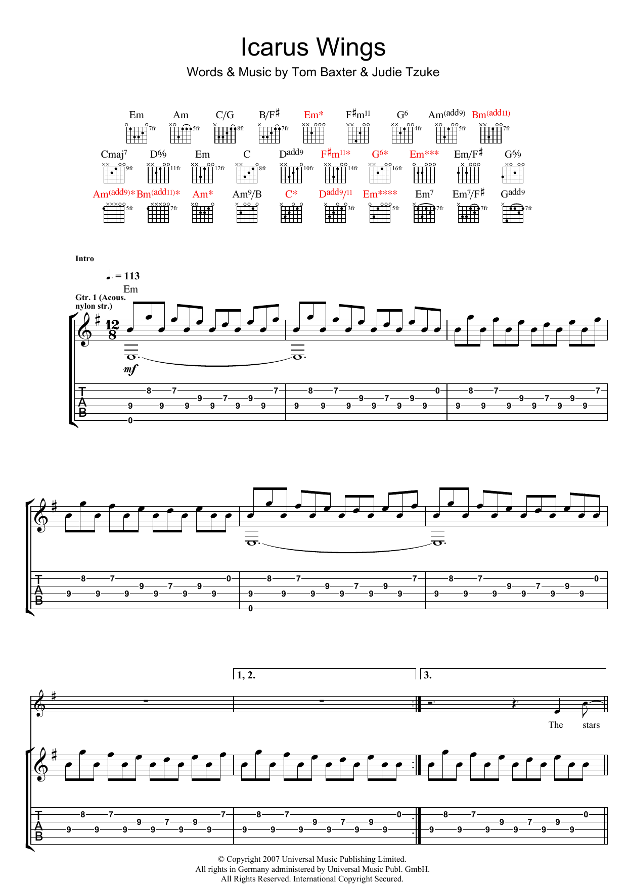 Tom Baxter Icarus Wings Sheet Music Notes & Chords for Guitar Tab - Download or Print PDF