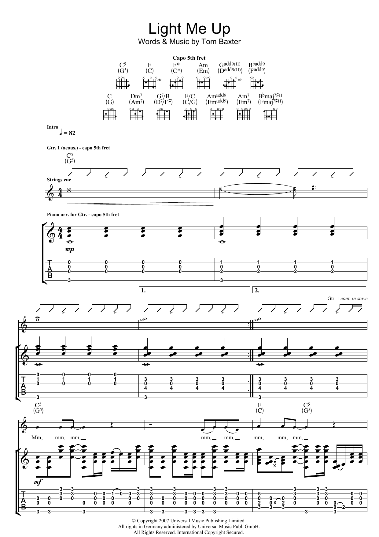 Tom Baxter Light Me Up Sheet Music Notes & Chords for Guitar Tab - Download or Print PDF