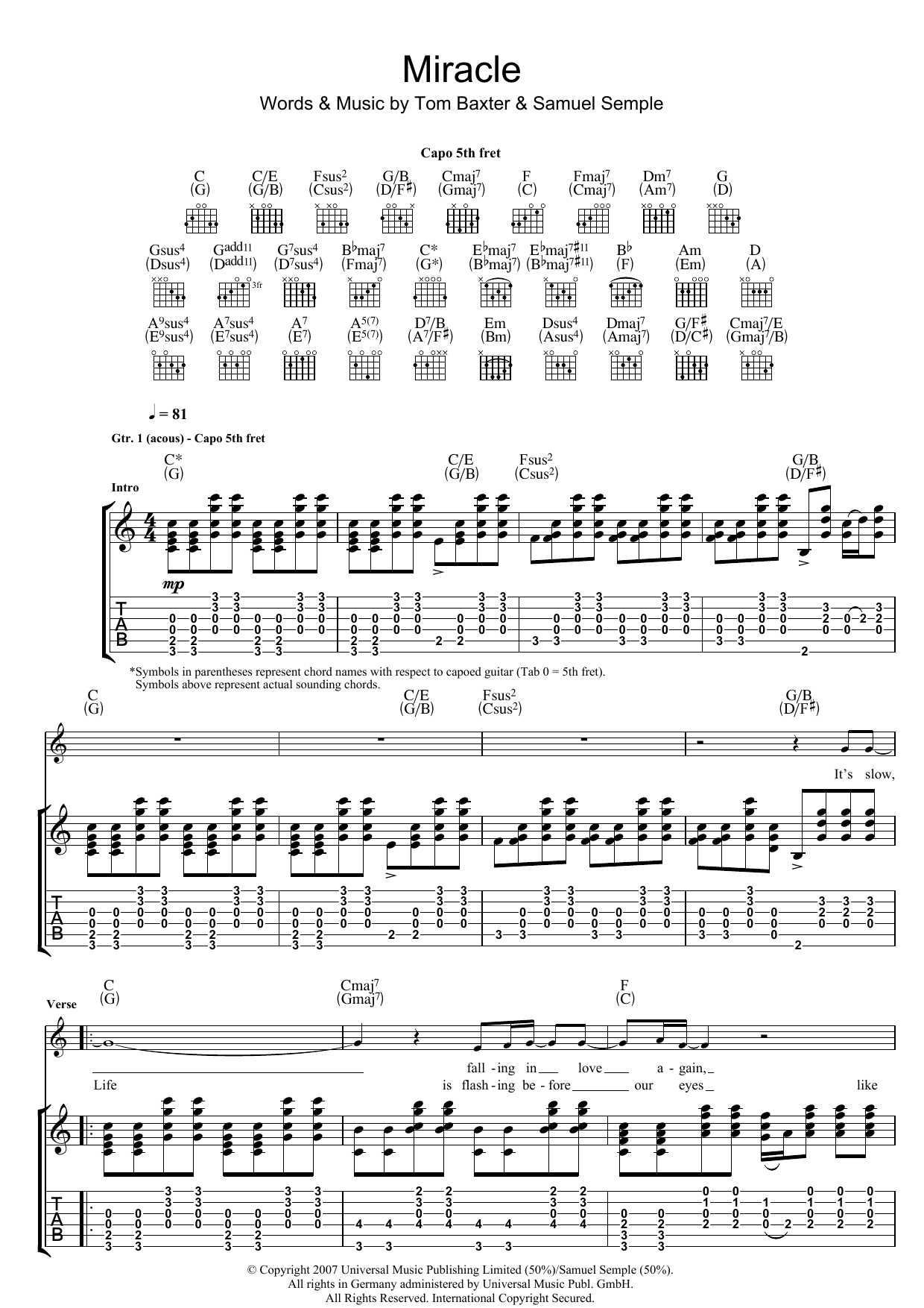 Tom Baxter Miracle Sheet Music Notes & Chords for Guitar Tab - Download or Print PDF