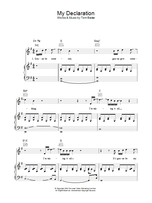 Tom Baxter My Declaration Sheet Music Notes & Chords for Piano, Vocal & Guitar - Download or Print PDF