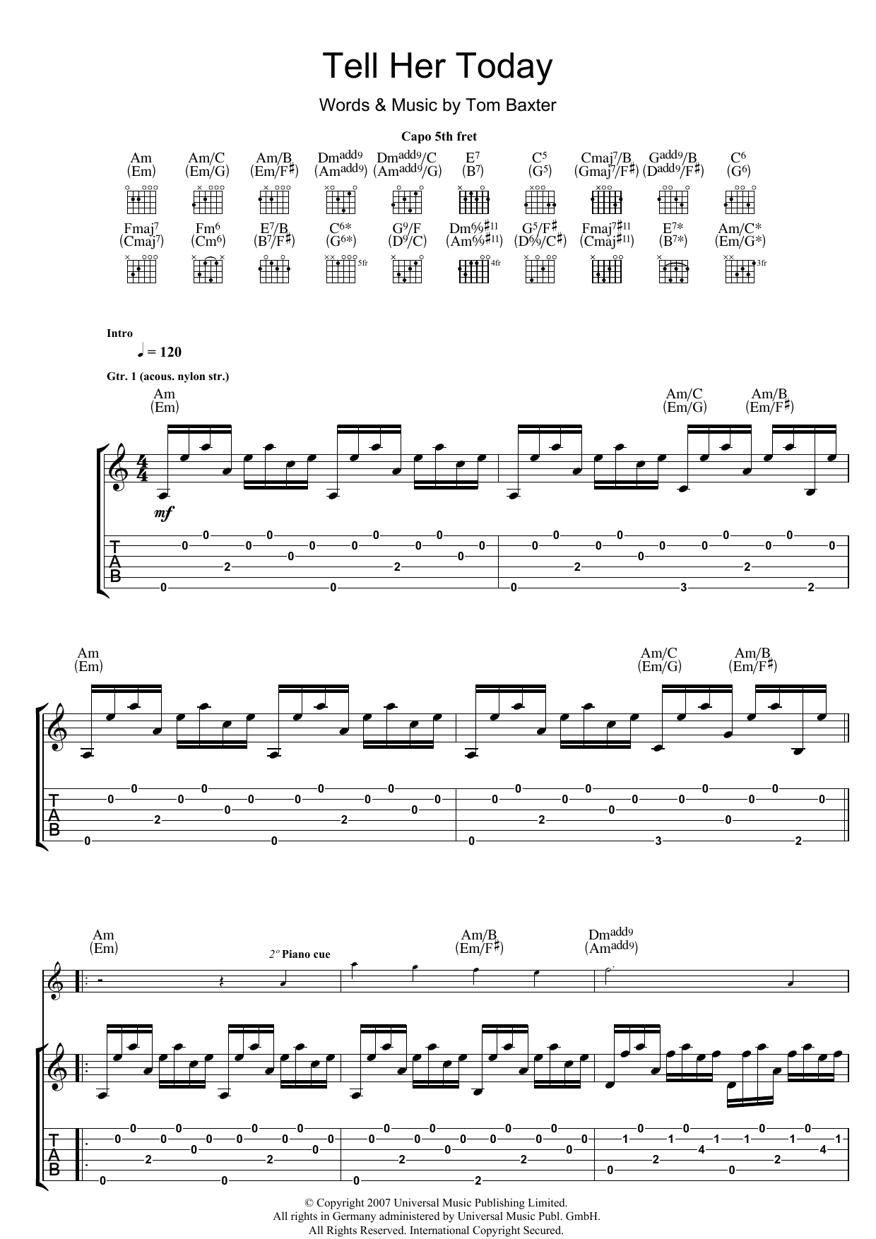 Tom Baxter Tell Her Today Sheet Music Notes & Chords for Guitar Tab - Download or Print PDF