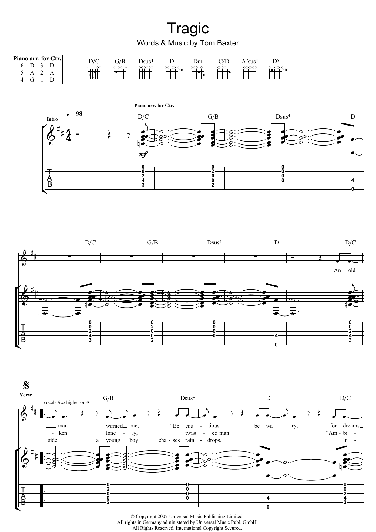 Tom Baxter Tragic Sheet Music Notes & Chords for Guitar Tab - Download or Print PDF
