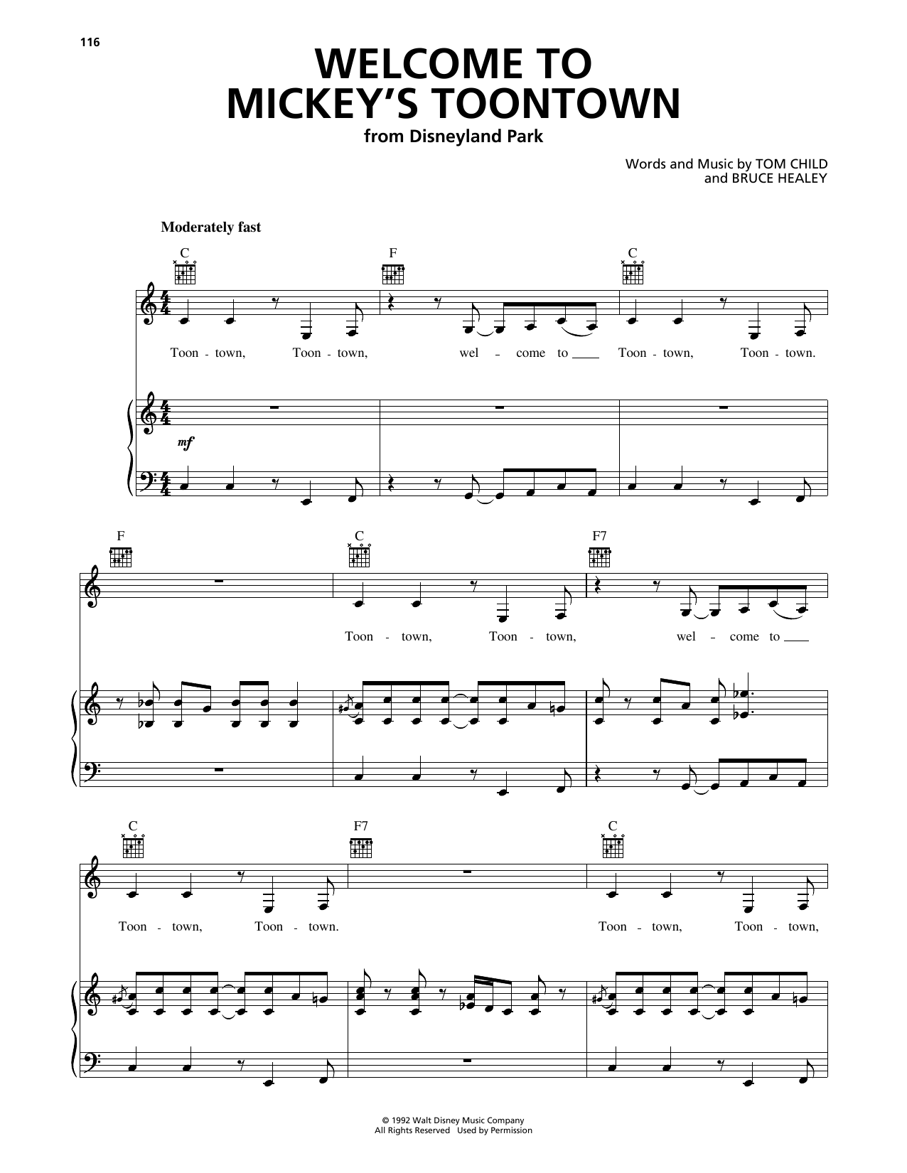Tom Child Welcome To Mickey's Toontown Sheet Music Notes & Chords for Piano, Vocal & Guitar Chords (Right-Hand Melody) - Download or Print PDF