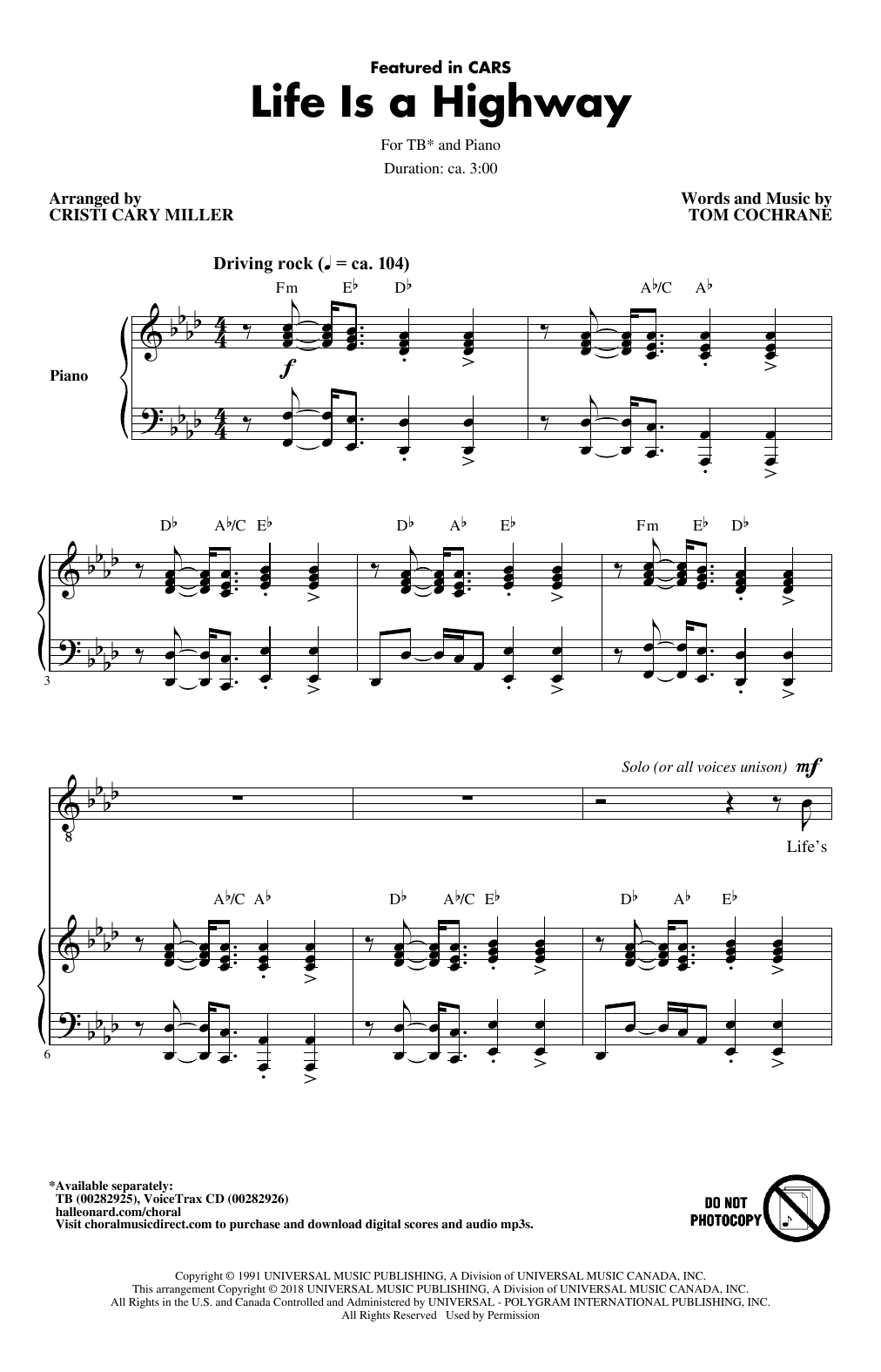 Tom Cochrane Life Is A Highway (arr. Cristy Cari Miller) Sheet Music Notes & Chords for TB - Download or Print PDF