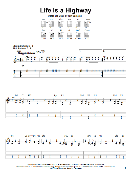 Tom Cochrane Life Is A Highway Sheet Music Notes & Chords for Easy Guitar Tab - Download or Print PDF