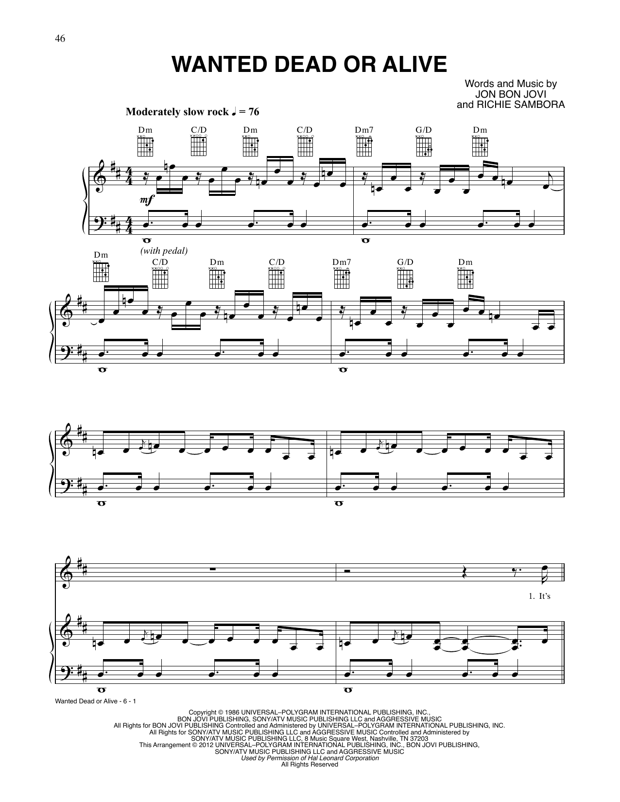 Tom Cruise and Julianne Hough Wanted Dead Or Alive (from Rock Of Ages) Sheet Music Notes & Chords for Piano, Vocal & Guitar Chords (Right-Hand Melody) - Download or Print PDF