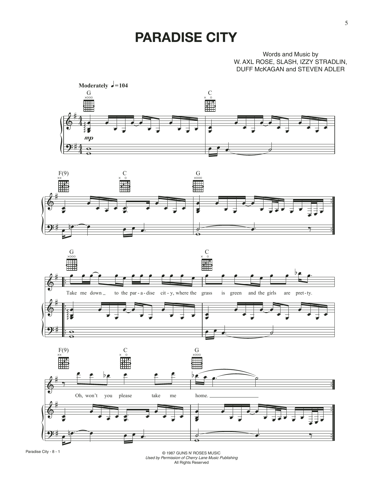 Tom Cruise Paradise City (from Rock Of Ages) Sheet Music Notes & Chords for Piano, Vocal & Guitar Chords (Right-Hand Melody) - Download or Print PDF