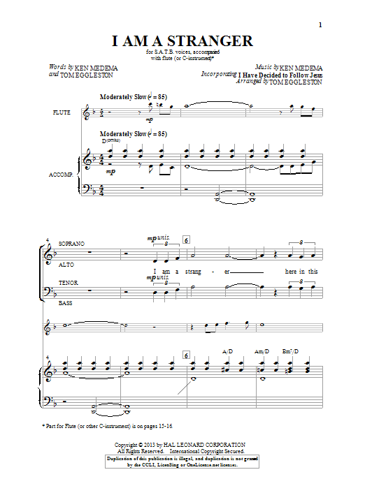Tom Eggleston I Am A Stranger Sheet Music Notes & Chords for SATB - Download or Print PDF
