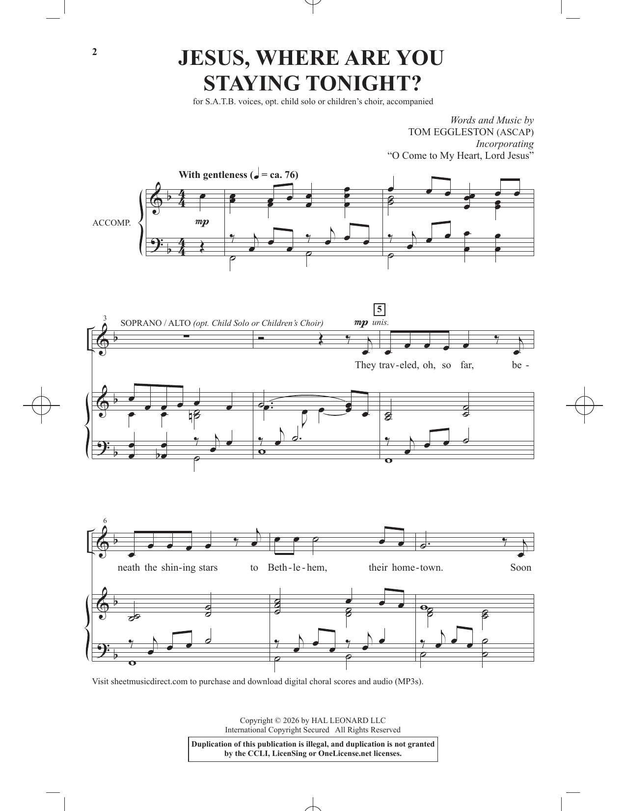 Tom Eggleston Jesus, Where Are You Staying Tonight? Sheet Music Notes & Chords for SATB Choir - Download or Print PDF