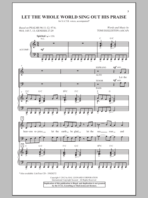 Tom Eggleston Let The Whole World Sing Out His Praise Sheet Music Notes & Chords for SATB - Download or Print PDF