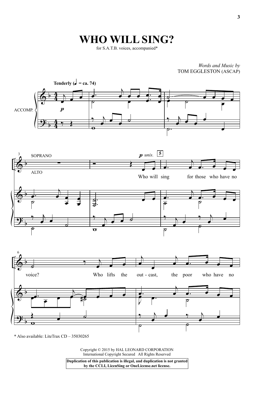 Tom Eggleston Who Will Sing? Sheet Music Notes & Chords for SATB - Download or Print PDF