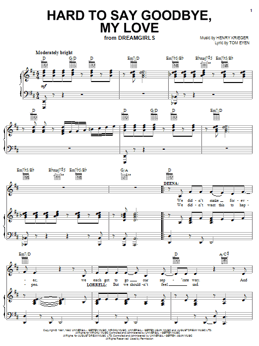 Tom Eyen Hard To Say Goodbye, My Love Sheet Music Notes & Chords for Piano, Vocal & Guitar (Right-Hand Melody) - Download or Print PDF